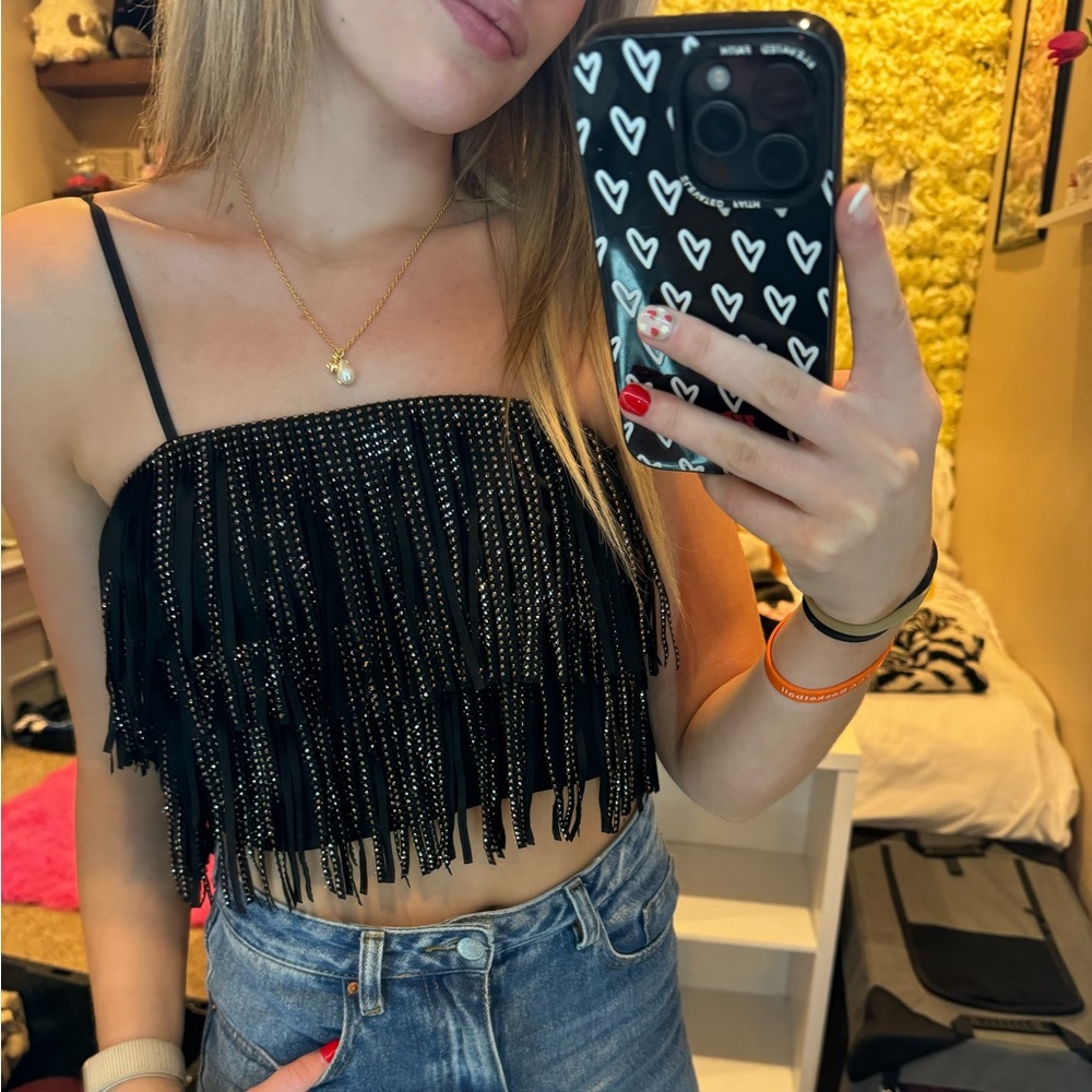 NYLON apparel rhinestone fringe cropped tank
